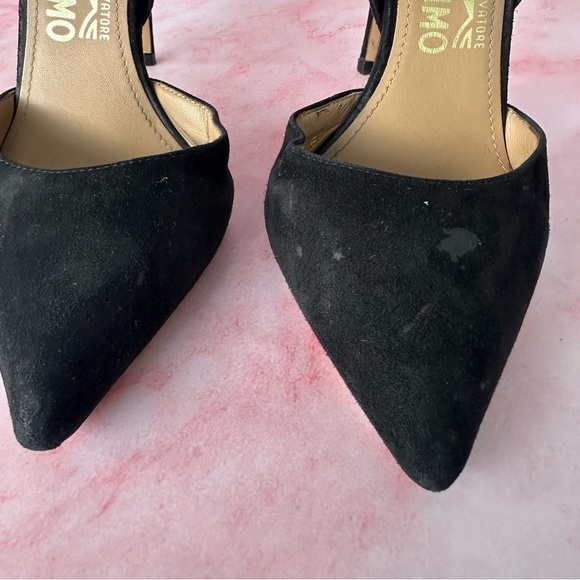 SALVATORE FERRAGAMO Francesca Mink Trim Suede Leather Pumps Black Sz 5.5 - Picture 3 of 16